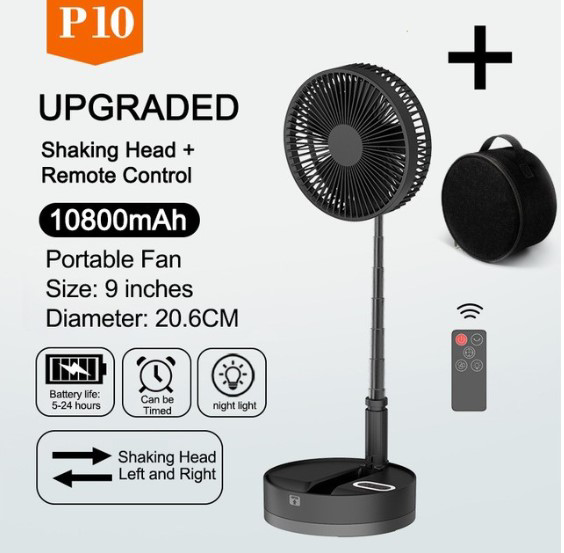 USB folding fan mute shaking head remote control timing night light retractable charging home P10 portable fan